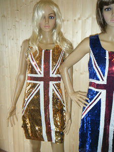 BLUE UNION JACK ENGLAND BLING SEQUINNED LADIES FANCY DRESS COSTUME SIZE 8-12 UK