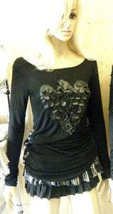 LADIES FASHION BLACK TOP T-SHIRT FAUX LEATHER HEART LONGLINE & SEXY ONE SIZE UK