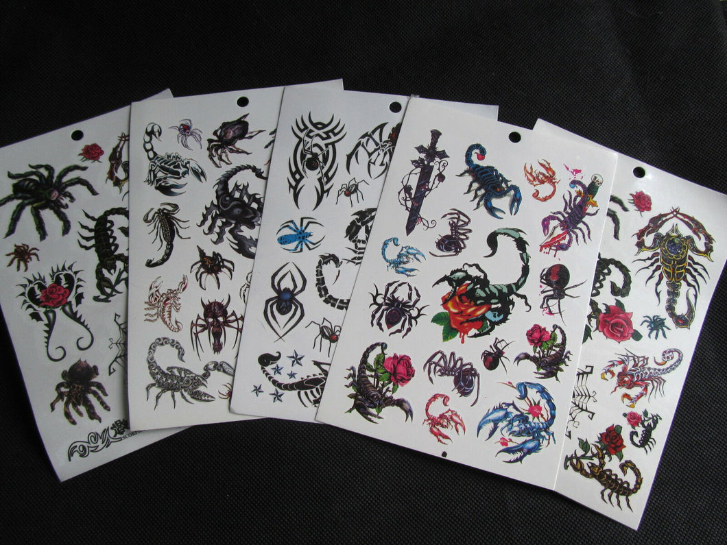 5 SHEETS BOYS MENS SCARY SCORPION INSECT SPIDER TEMPORARY TATTOOS PARTY LOOT BAG