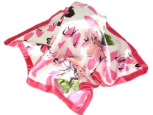 Load image into Gallery viewer, Satin neck scarf in Pink with Butterfly and Flower Pattern - 50cm square
