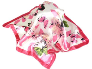 Satin neck scarf in Pink with Butterfly and Flower Pattern - 50cm square