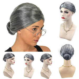 Fliyeong Old Lady Grandma Granny Grey Wig Bun Hair Grand Mother Fancy Dress Costume Grey Portable and Useful