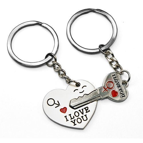 Lovers set of 2 silver tone side heart & key keyrings