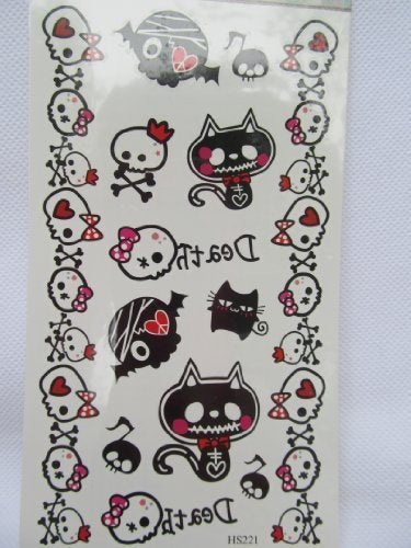 Sheet Quality Black Angry Scary Skull Cats Kitty Arty Ladies Kids Temporary Tattoo Parties Gift Bags - posted from London by Fat-Catz